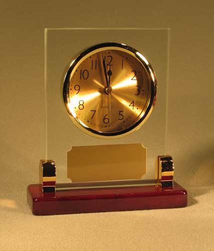 Glass shelf clock with a redwood base