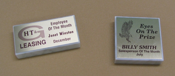 This is a image of two white marble paperweights with imprinted metal plates